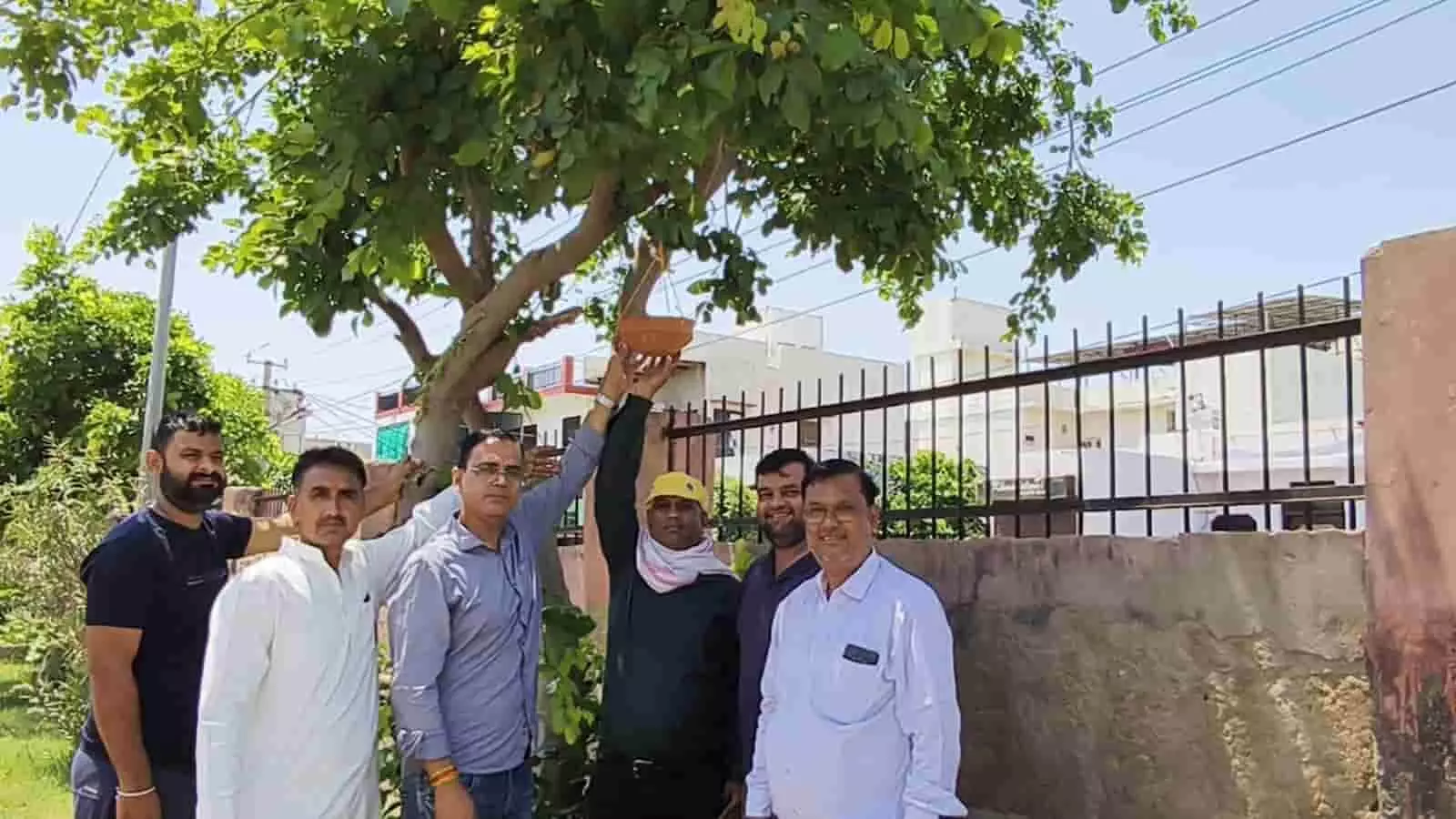 रणजीत नगर पार्क में पेड़ पर पक्षियों के लिए मिट्टी का परिंडा बांधते हुए समिति के कार्यकर्ता। रणजीत नगर पार्क में पेड़ पर पक्षियों के लिए मिट्टी का परिंडा बांधते हुए समिति के कार्यकर्ता।