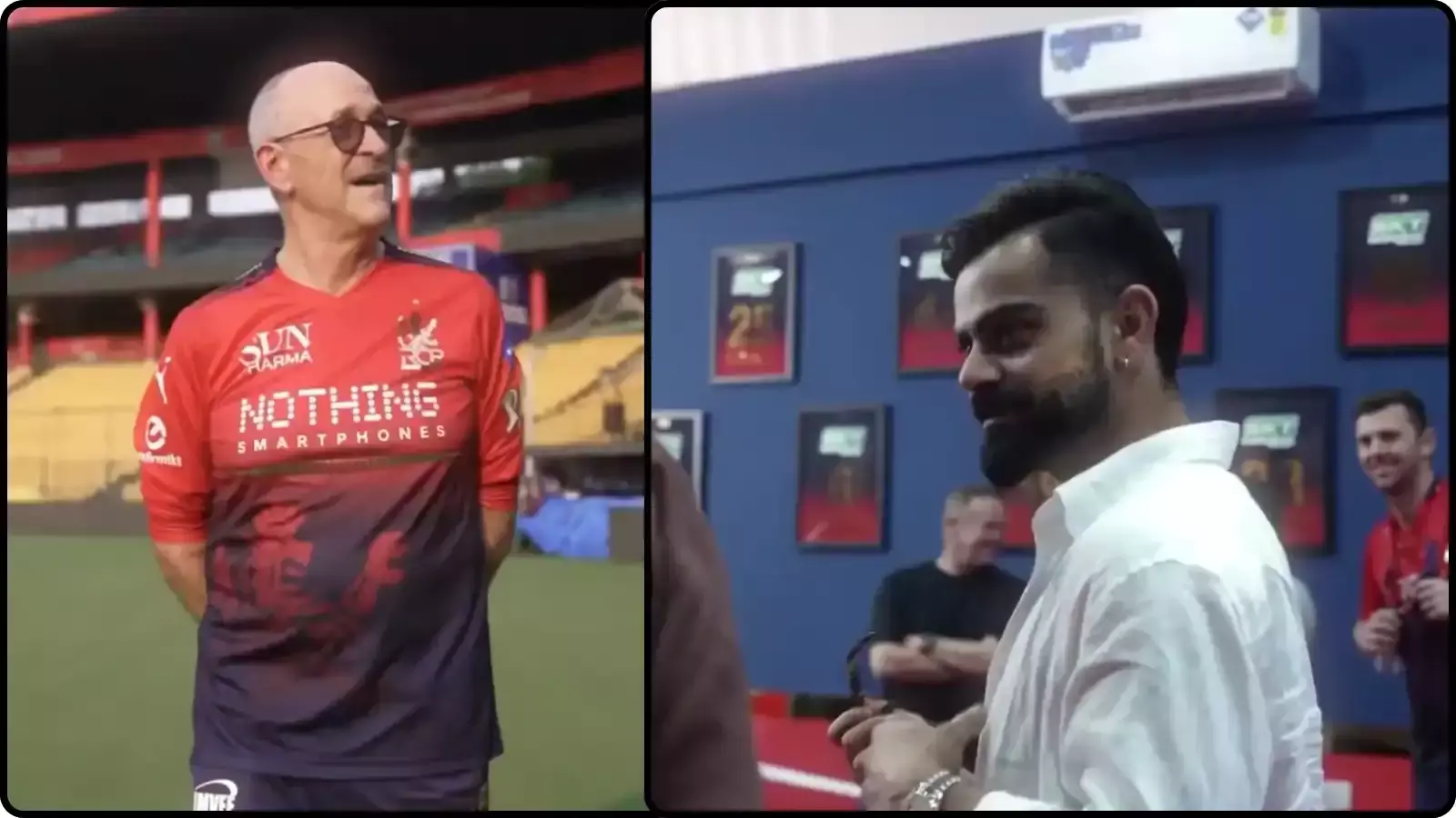 क्रिकेट स्टेडियम और ड्रेसिंग रूम में इवेन स्पीचली और विराट कोहली विदाई समारोह के संदर्भ में दिख रहे हैं। क्रिकेट स्टेडियम और ड्रेसिंग रूम में इवेन स्पीचली और विराट कोहली विदाई समारोह के संदर्भ में दिख रहे हैं।