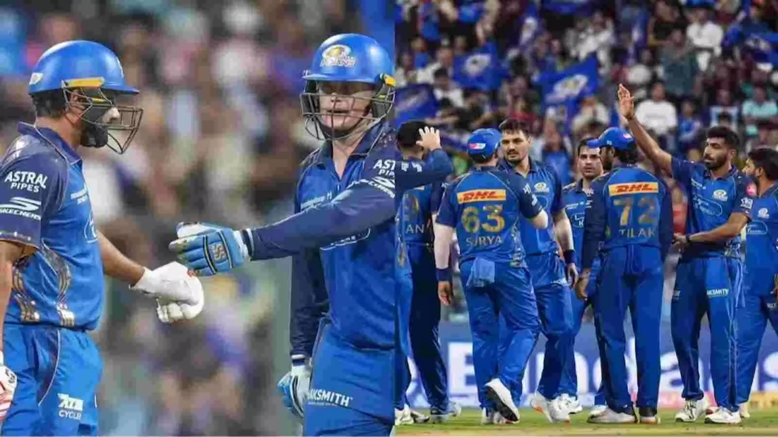 मैदान पर जीत के बाद हाथ मिलाते और खुशी मनाते मुंबई इंडियंस के क्रिकेट खिलाड़ी। मैदान पर जीत के बाद हाथ मिलाते और खुशी मनाते मुंबई इंडियंस के क्रिकेट खिलाड़ी।