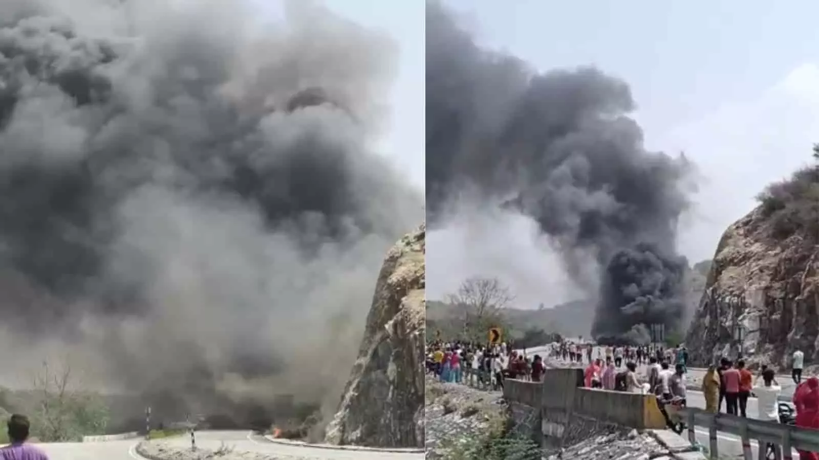 राजसमंद के दिवेर में सड़क पर पलटे टैंकर से निकलता काला धुआं और खड़े लोग।