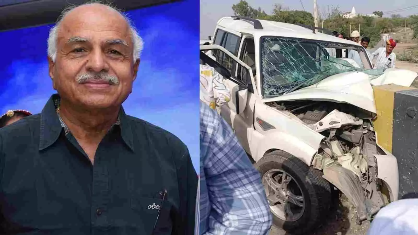 सफेद रंग की दुर्घटनाग्रस्त एसयूवी और निर्माता आरबी चौधरी की तस्वीर सड़क हादसे के संदर्भ में। सफेद रंग की दुर्घटनाग्रस्त एसयूवी और निर्माता आरबी चौधरी की तस्वीर सड़क हादसे के संदर्भ में।