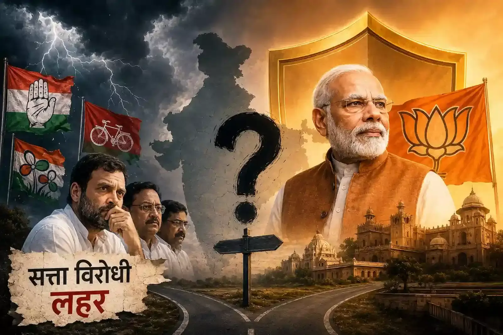 राजनीतिक दलों के प्रतीकों और नेताओं के साथ सत्ता विरोधी लहर का प्रतीकात्मक चित्रण। Image generated by AI for illustrative purposes.