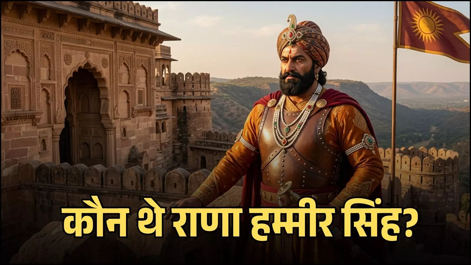 चित्तौड़गढ़ दुर्ग के प्रांगण में मेवाड़ शासक राणा हम्मीर सिंह की ऐतिहासिक वीरता को दर्शाता एक चित्रण। चित्तौड़गढ़ दुर्ग के प्रांगण में मेवाड़ शासक राणा हम्मीर सिंह की ऐतिहासिक वीरता को दर्शाता एक चित्रण।