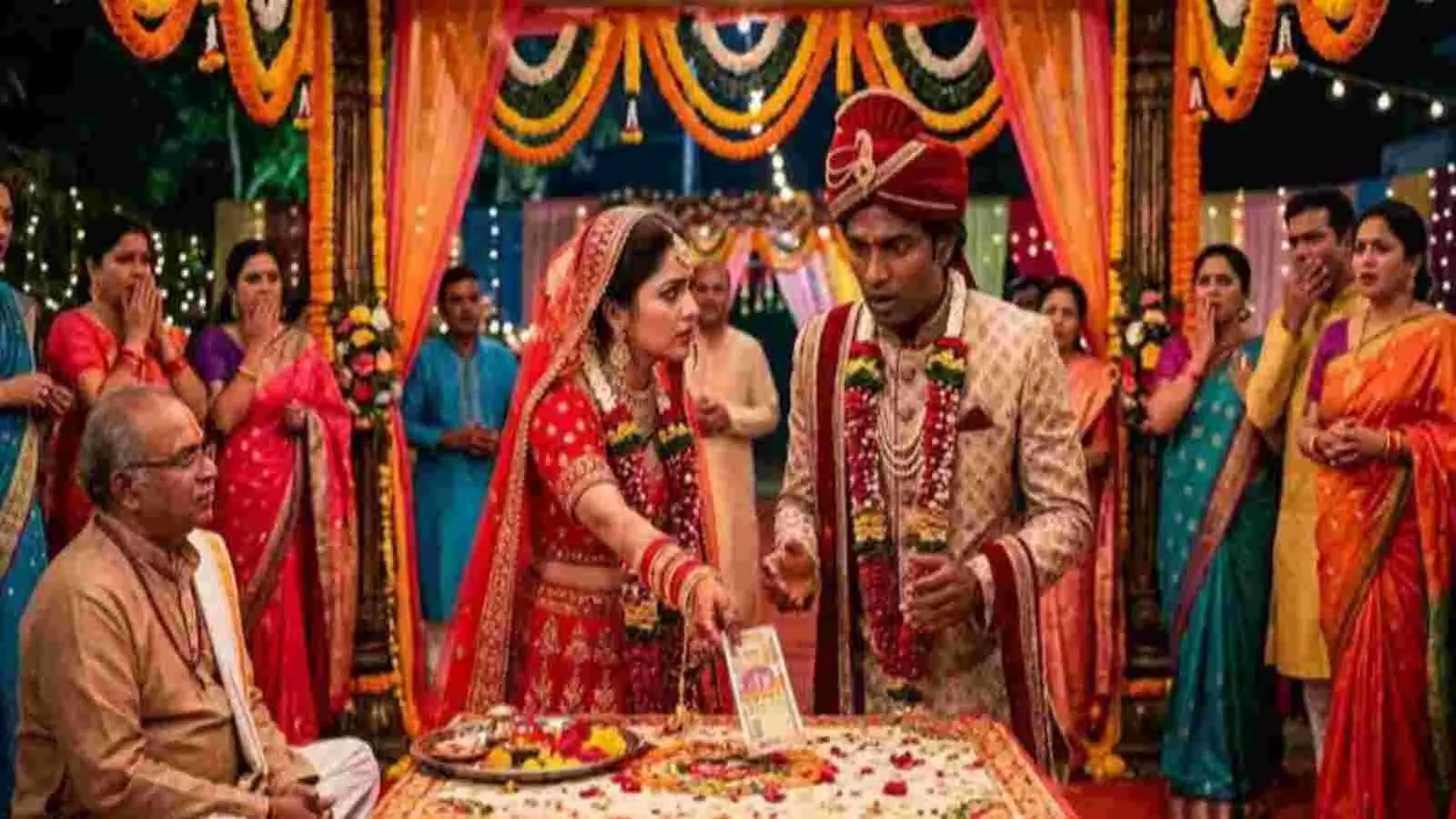 भारतीय विवाह मंडप में दूल्हा दुल्हन और रिश्तेदार वैवाहिक रस्मों के दौरान बातचीत करते हुए। भारतीय विवाह मंडप में दूल्हा दुल्हन और रिश्तेदार वैवाहिक रस्मों के दौरान बातचीत करते हुए।