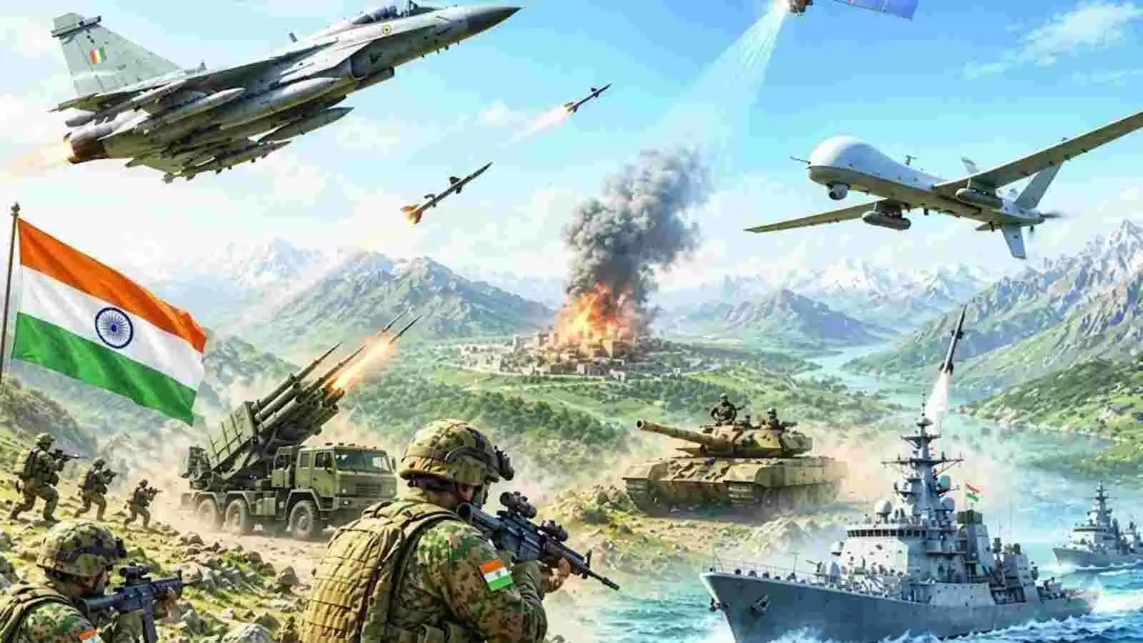 भारतीय सेना के टैंक विमान और सैनिक पाकिस्तान सीमा पर सैन्य ऑपरेशन के संदर्भ में दिखाई दे रहे हैं। भारतीय सेना के टैंक विमान और सैनिक पाकिस्तान सीमा पर सैन्य ऑपरेशन के संदर्भ में दिखाई दे रहे हैं।