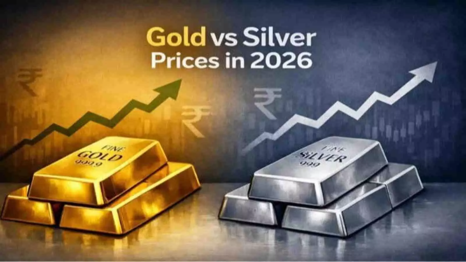 बढ़ते हुए ग्राफ के साथ सोने की ईंटें और चांदी के सिक्के एक मेज पर रखे हुए। बढ़ते हुए ग्राफ के साथ सोने की ईंटें और चांदी के सिक्के एक मेज पर रखे हुए।