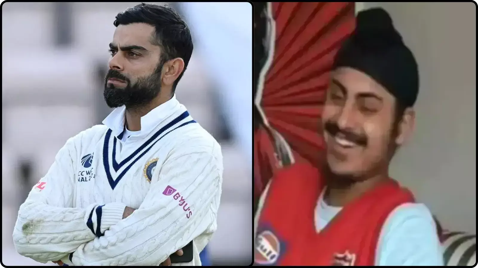 क्रिकेट की जर्सी पहने विराट कोहली और लाल स्वेटर पहने अमनप्रीत सिंह गिल श्रद्धांजलि के संदर्भ में। क्रिकेट की जर्सी पहने विराट कोहली और लाल स्वेटर पहने अमनप्रीत सिंह गिल श्रद्धांजलि के संदर्भ में।
