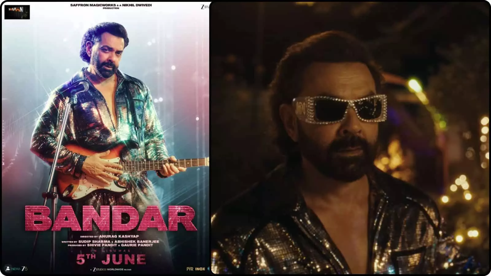 फिल्म बंदर का पोस्टर और अभिनेता बॉबी देओल रॉकस्टार के अवतार में गिटार पकड़े हुए। फिल्म बंदर का पोस्टर और अभिनेता बॉबी देओल रॉकस्टार के अवतार में गिटार पकड़े हुए।