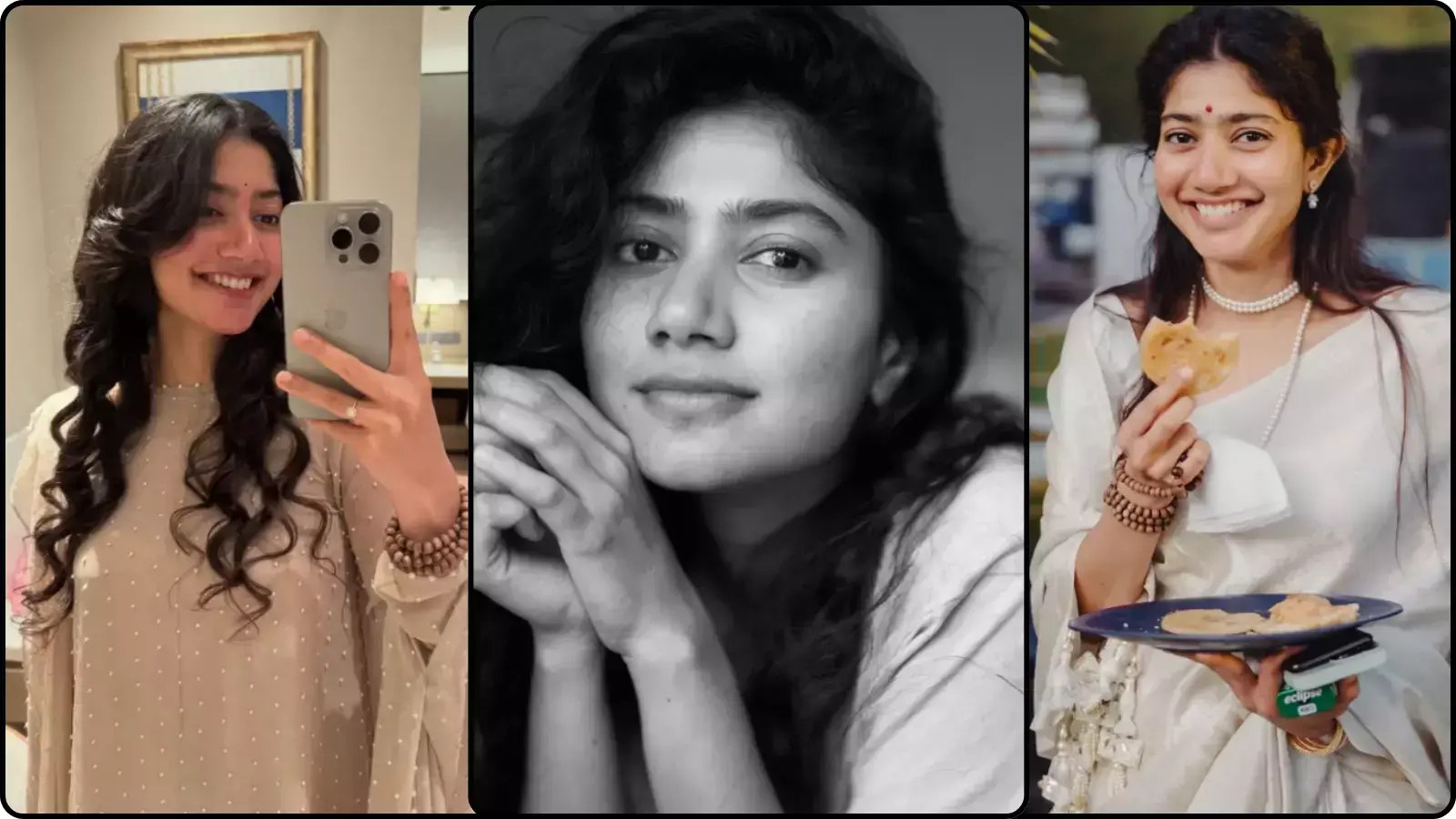 मुस्कुराती हुई अभिनेत्री साई पल्लवी सेल्फी लेते और भोजन करते हुए अपने जीवन के विशेष पलों के संदर्भ में। मुस्कुराती हुई अभिनेत्री साई पल्लवी सेल्फी लेते और भोजन करते हुए अपने जीवन के विशेष पलों के संदर्भ में।