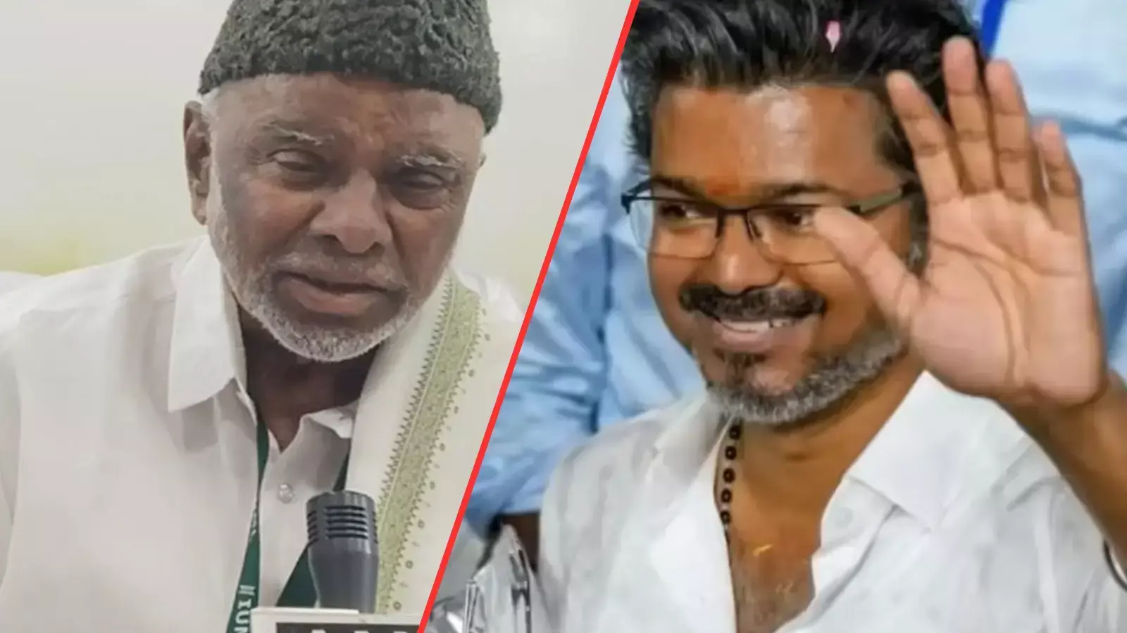 बाईं ओर सफेद टोपी पहने केएम कादर मोहिदीन और दाईं ओर हाथ हिलाते हुए विजय तमिलनाडु गठबंधन चर्चा के दौरान।
