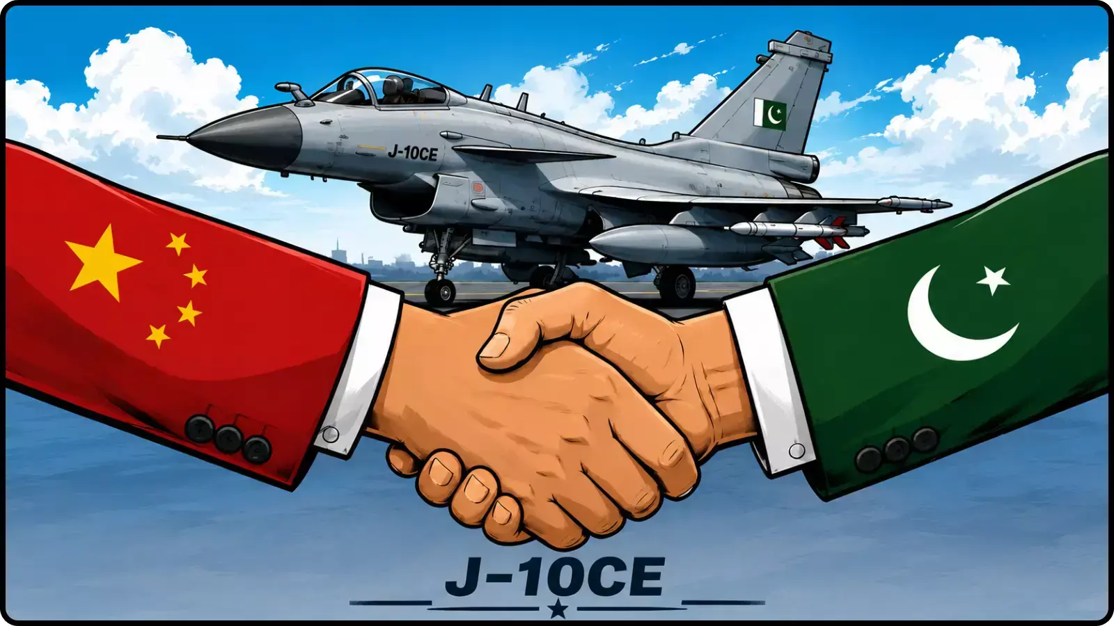 नीले आसमान के नीचे रनवे पर खड़े J-10CE लड़ाकू विमान के सामने चीन और पाकिस्तान के झंडे वाली आस्तीन पहने दो हाथों का हाथ मिलाते हुए चित्रण।