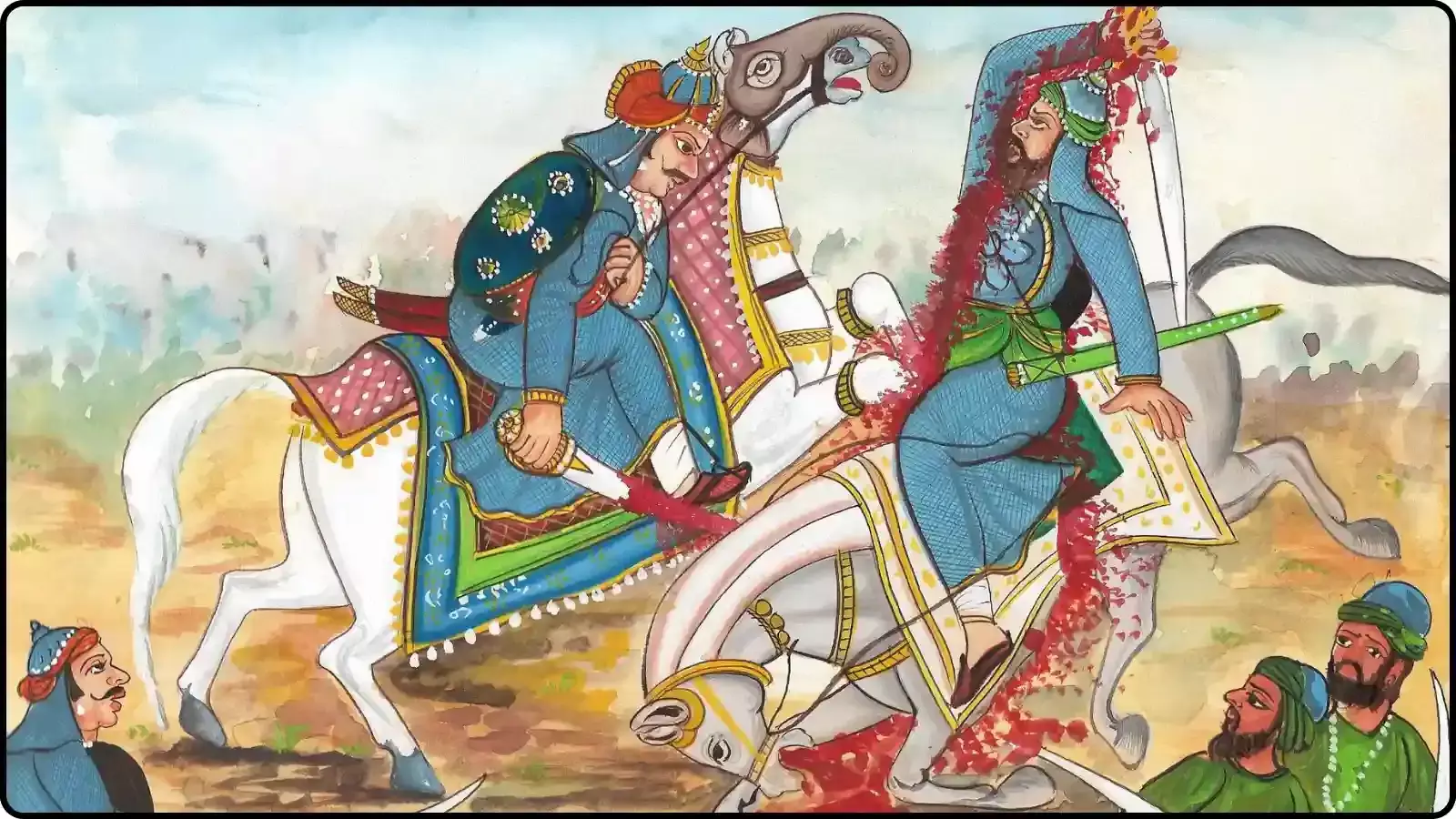 घोड़े पर सवार योद्धा और पैदल सैनिकों के बीच युद्ध के मैदान का एक पारंपरिक चित्रकला दृश्य।