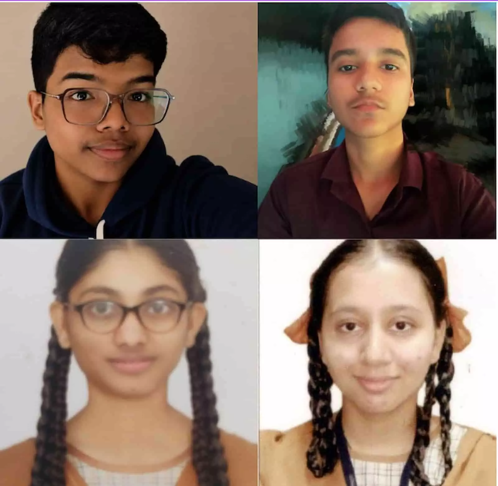 चश्मा पहने और चोटियों वाली छात्राओं सहित चार मेधावी विद्यार्थियों के चित्र जो बीएमसी स्कूलों के टॉपर हैं।