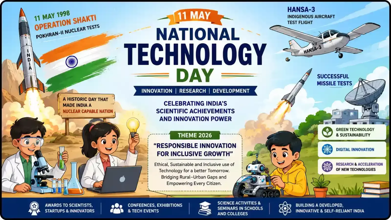 परमाणु मिसाइल, विमान और प्रयोगशाला में प्रयोग करते बच्चों का इन्फोग्राफिक दृश्य।