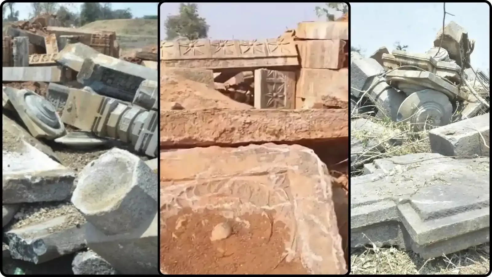 बिखरे हुए प्राचीन नक्काशीदार पत्थर वारंगल के अशोक नगर में क्षतिग्रस्त काकतीय मंदिर के संदर्भ में दिख रहे हैं।