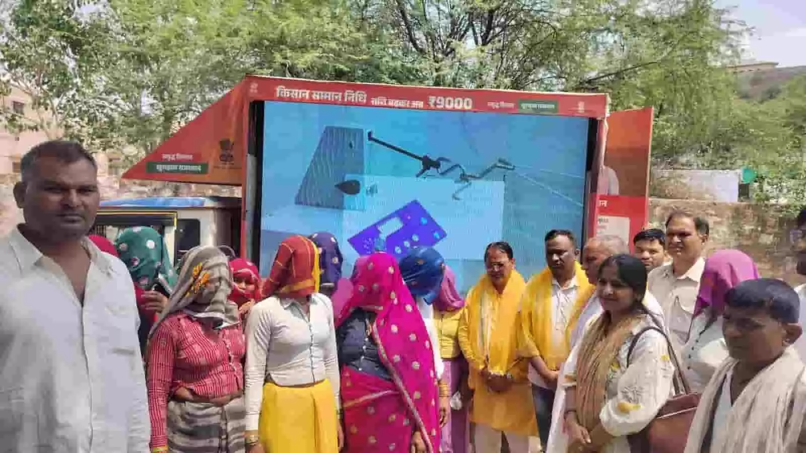 ग्राम पंचायत पसोपा में ग्राम रथ की एलईडी स्क्रीन के सामने जानकारी लेते ग्रामीण और अधिकारी। ग्राम पंचायत पसोपा में ग्राम रथ की एलईडी स्क्रीन के सामने जानकारी लेते ग्रामीण और अधिकारी।