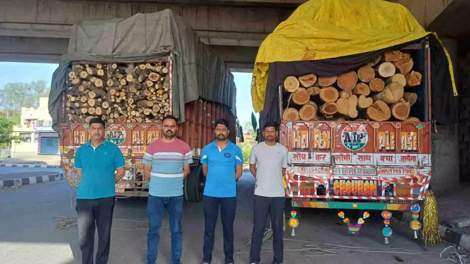 एनएच-48 पर पुलिसकर्मियों के साथ खड़े आरोपी और पीछे अवैध लकड़ी से लदे हुए दो ट्रक।