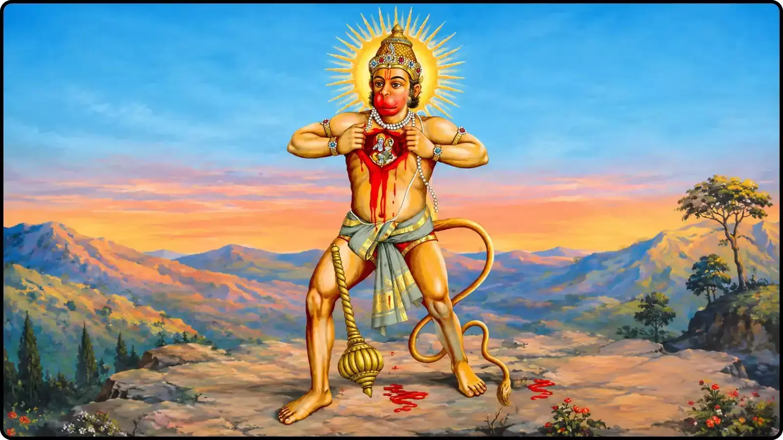 चित्र में भगवान हनुमान अपनी छाती चीरकर राम-सीता के प्रति अटूट भक्ति को प्रदर्शित कर रहे हैं।