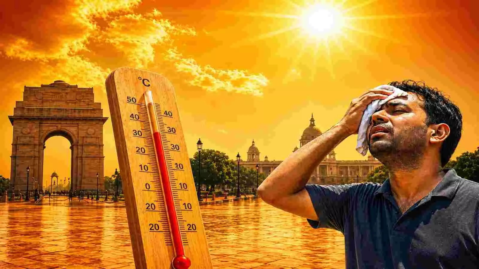 दिल्ली में इंडिया गेट के सामने चिलचिलाती धूप में पसीना पोंछता एक व्यक्ति और बढ़ता हुआ थर्मामीटर। दिल्ली में इंडिया गेट के सामने चिलचिलाती धूप में पसीना पोंछता एक व्यक्ति और बढ़ता हुआ थर्मामीटर।