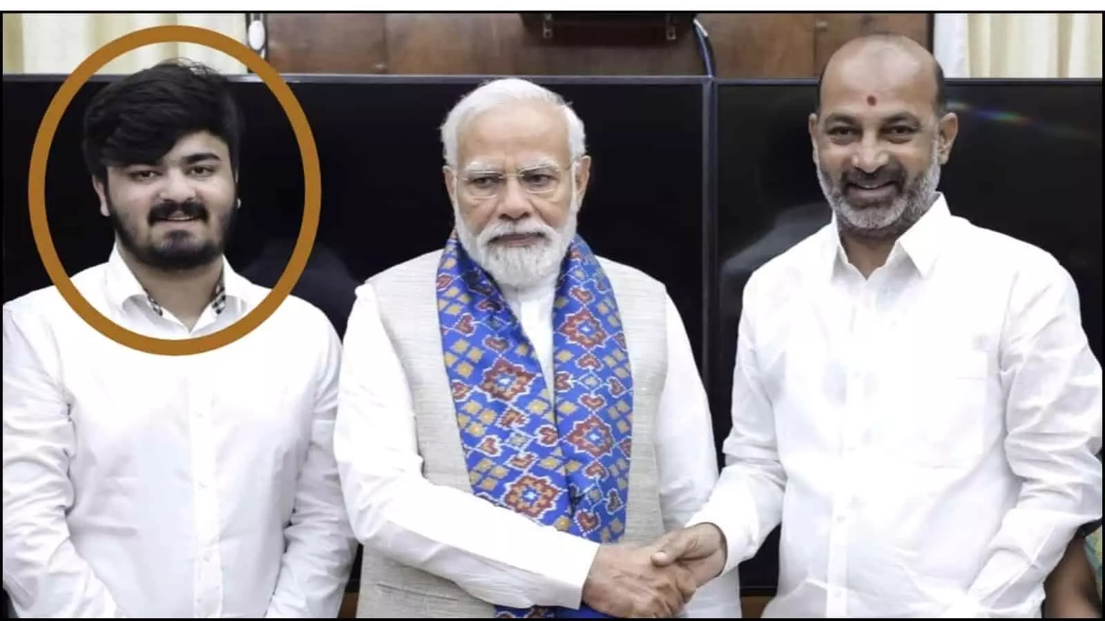 प्रधानमंत्री नरेंद्र मोदी के साथ खड़े आरोपी भगीरथ और बंदी संजय कुमार हैदराबाद में कानूनी मामले के बीच। प्रधानमंत्री नरेंद्र मोदी के साथ खड़े आरोपी भगीरथ और बंदी संजय कुमार हैदराबाद में कानूनी मामले के बीच।