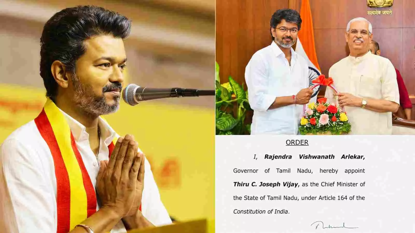 चेन्नई में मुख्यमंत्री पद की शपथ से पहले थलपति विजय और राज्यपाल आर. एन. रवि की तस्वीर। चेन्नई में मुख्यमंत्री पद की शपथ से पहले थलपति विजय और राज्यपाल आर. एन. रवि की तस्वीर।