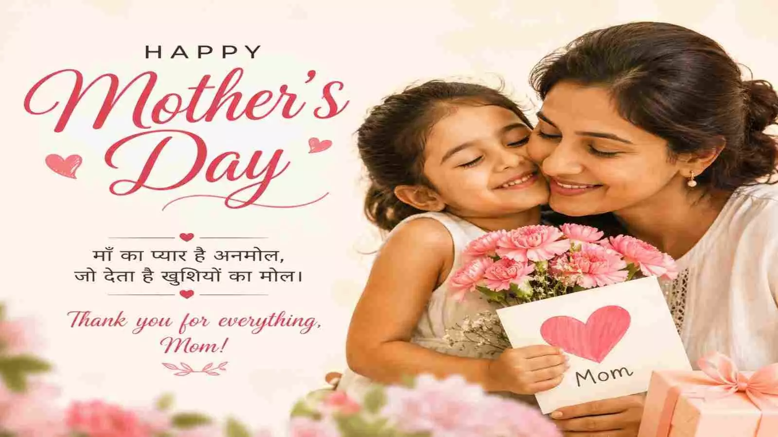 एक छोटी बच्ची अपनी मां को गले लगाकर मातृ दिवस पर उपहार दे रही है।