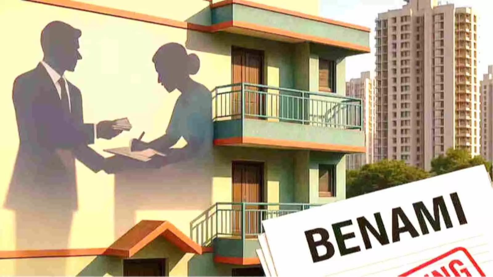 घर की दीवार पर दो लोगों की परछाईं और बेनामी संपत्ति दस्तावेज।