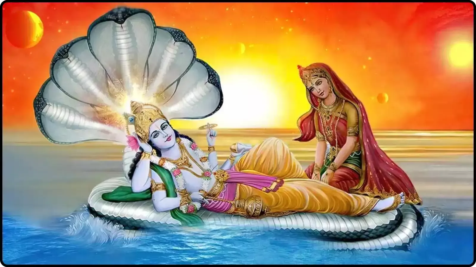 क्षीर सागर में शेषनाग पर लेटे हुए भगवान विष्णु और उनके चरण दबाती माता लक्ष्मी। क्षीर सागर में शेषनाग पर लेटे हुए भगवान विष्णु और उनके चरण दबाती माता लक्ष्मी।