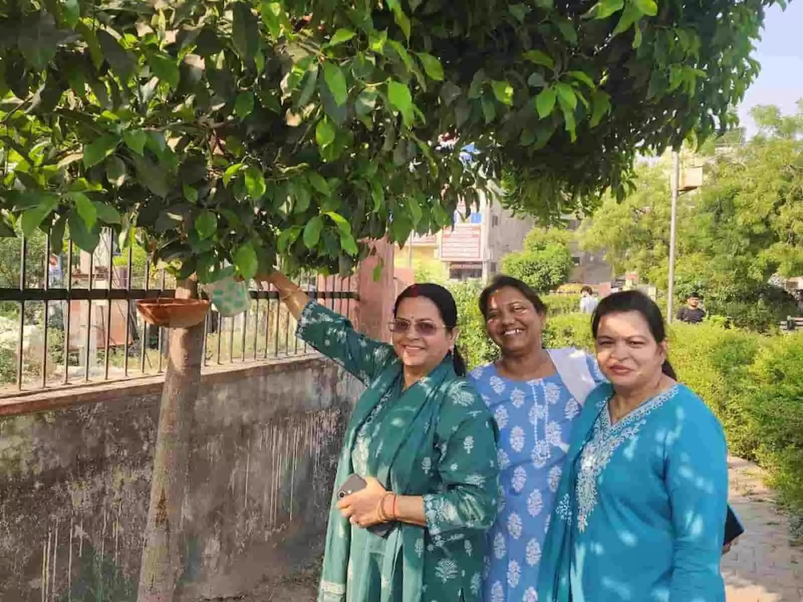 पेड़ पर पक्षियों के लिए परिंडा लगाती भारत विकास परिषद की महिला सदस्य सवाई माधोपुर पेड़ पर पक्षियों के लिए परिंडा लगाती भारत विकास परिषद की महिला सदस्य सवाई माधोपुर
