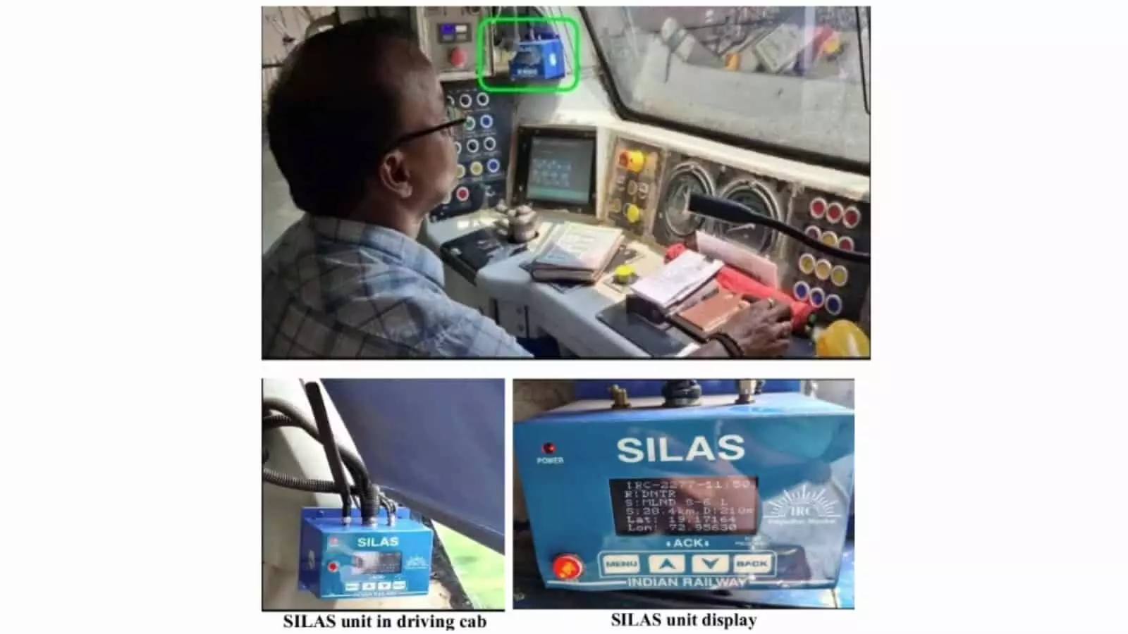 ट्रेन के ड्राइविंग कैब में लगा नीला SILAS उपकरण और सिग्नल मॉनिटरिंग डिस्प्ले देखते मोटरमैन। ट्रेन के ड्राइविंग कैब में लगा नीला SILAS उपकरण और सिग्नल मॉनिटरिंग डिस्प्ले देखते मोटरमैन।