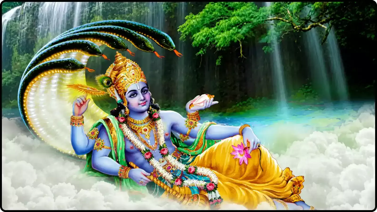 शेषनाग की शैया पर लेटे हुए भगवान विष्णु बादलों और जल के बीच। शेषनाग की शैया पर लेटे हुए भगवान विष्णु बादलों और जल के बीच।