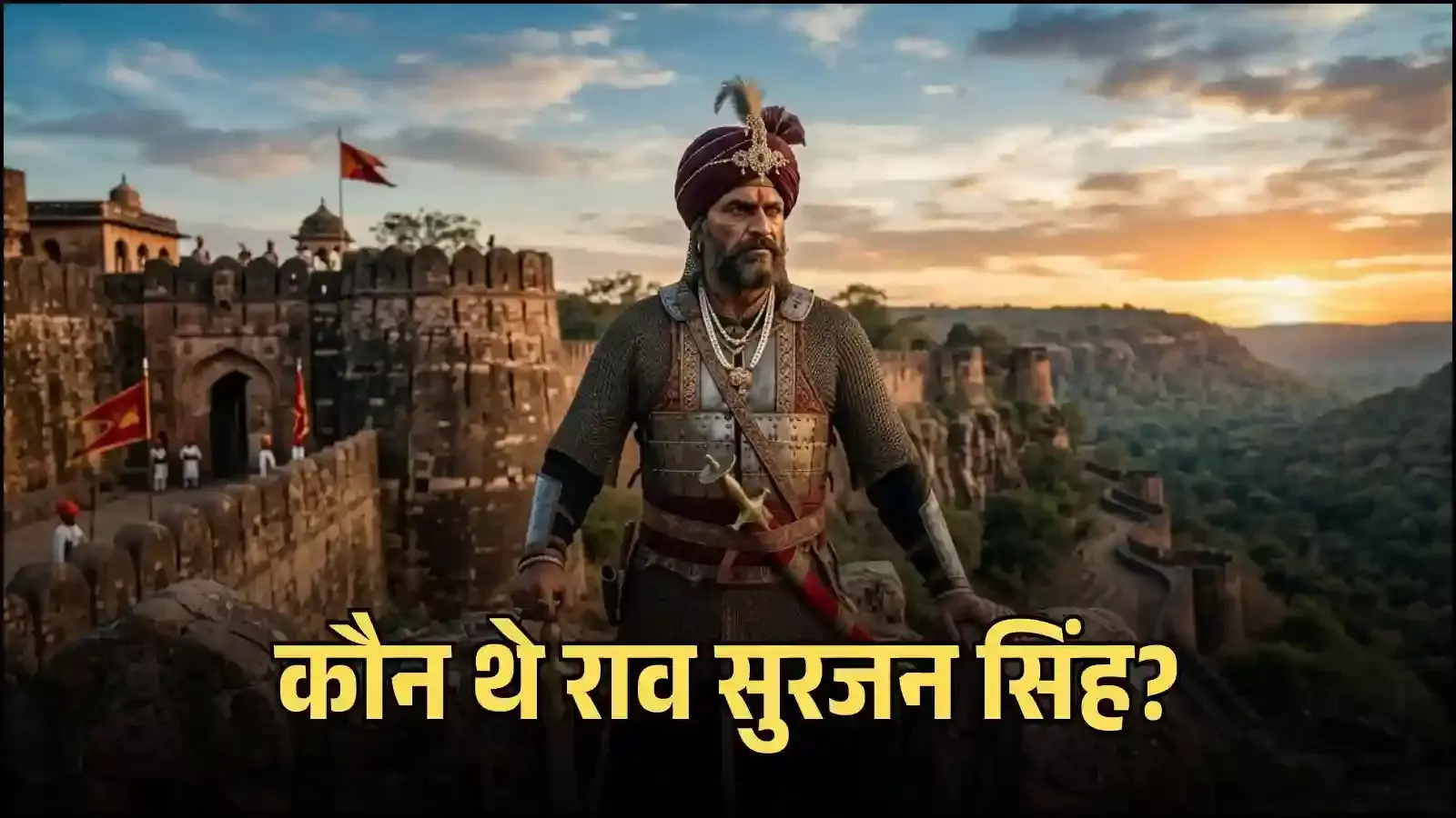 बूंदी के हाड़ा चौहान शासक राव सुरजन सिंह का रणथंभौर किले के ऐतिहासिक संदर्भ में चित्रण।