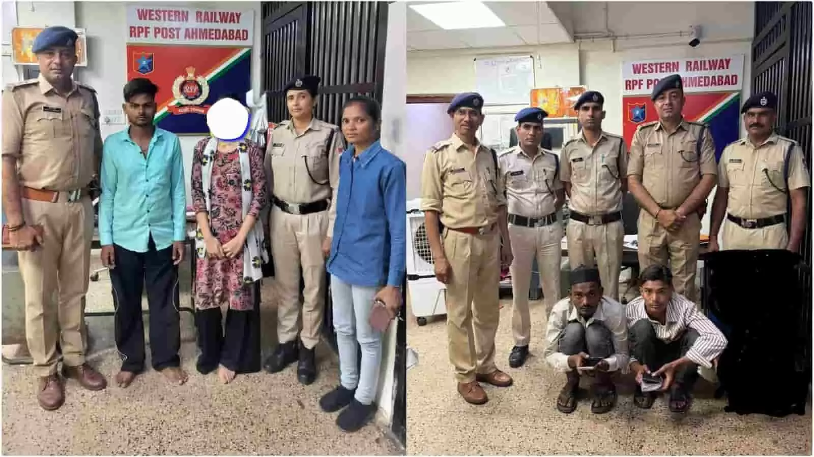 अहमदाबाद रेलवे सुरक्षा बल पोस्ट पर पुलिस अधिकारियों के साथ खड़े पकड़े गए आरोपी और बरामद सामान।