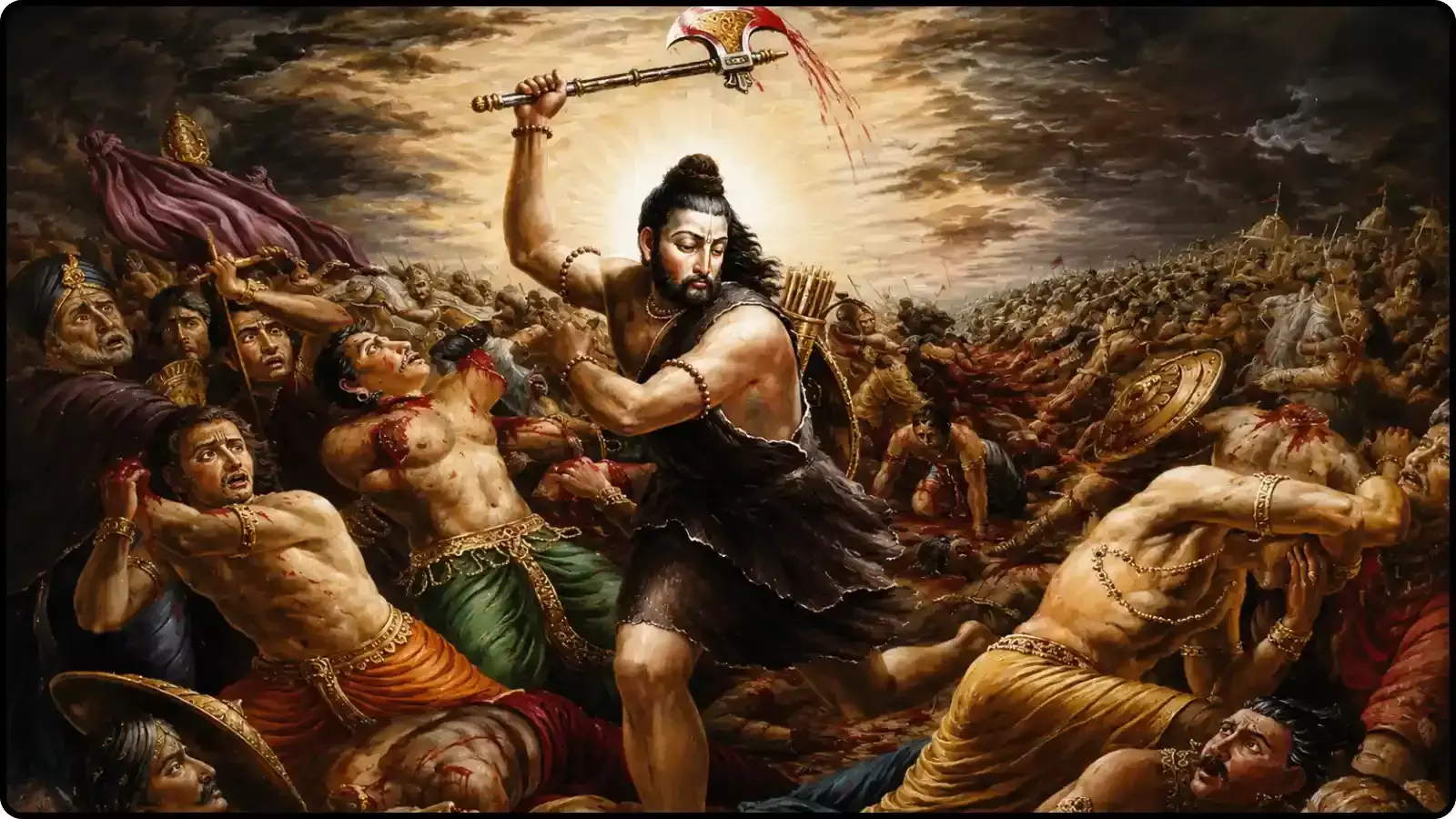 युद्ध के मैदान में फरसा उठाए हुए भगवान परशुराम का निर्मित चित्रण। युद्ध के मैदान में फरसा उठाए हुए भगवान परशुराम का निर्मित चित्रण।