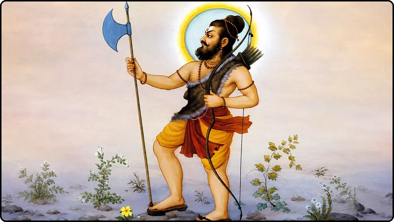 एक हाथ में फरसा और दूसरे में धनुष लिए खड़े भगवान परशुराम का चित्र। एक हाथ में फरसा और दूसरे में धनुष लिए खड़े भगवान परशुराम का चित्र।