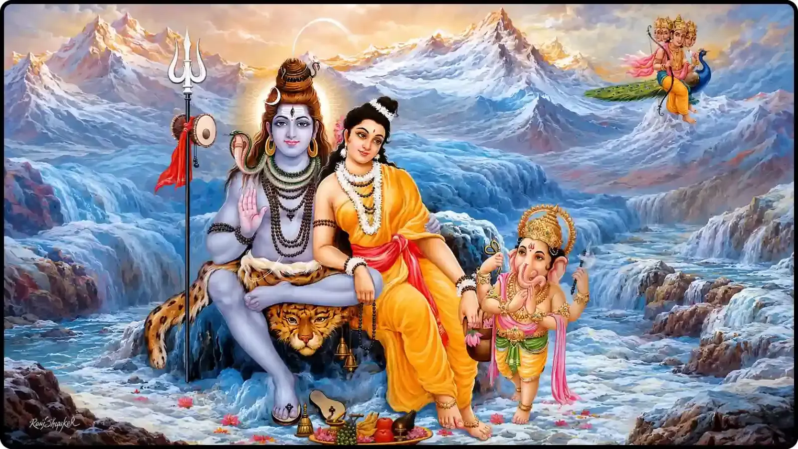 कैलाश पर्वत पर बैठे हुए भगवान शिव, माता पार्वती और भगवान गणेश का चित्र। कैलाश पर्वत पर बैठे हुए भगवान शिव, माता पार्वती और भगवान गणेश का चित्र।