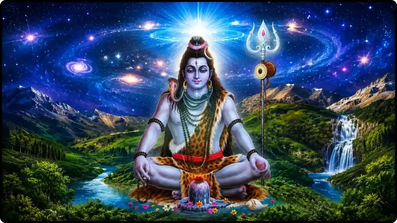 पहाड़ों के बीच ध्यान मुद्रा में बैठे भगवान शिव और शिवलिंग का चित्र। पहाड़ों के बीच ध्यान मुद्रा में बैठे भगवान शिव और शिवलिंग का चित्र।