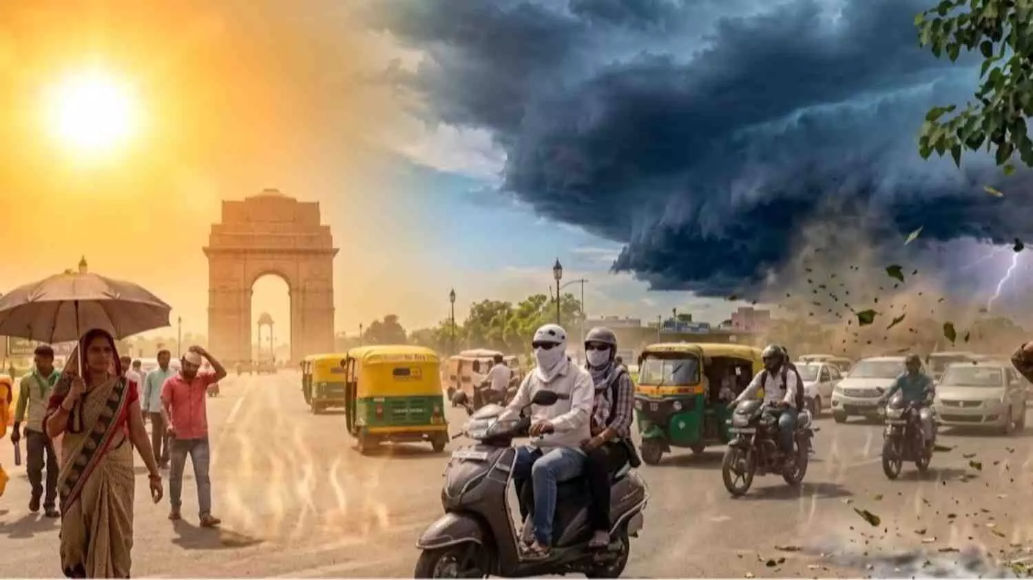 इंडिया गेट दिल्ली में तेज धूप के बीच स्कूटर सवार और लोग गर्मी से बचाव करते हुए दिख रहे हैं। इंडिया गेट दिल्ली में तेज धूप के बीच स्कूटर सवार और लोग गर्मी से बचाव करते हुए दिख रहे हैं।