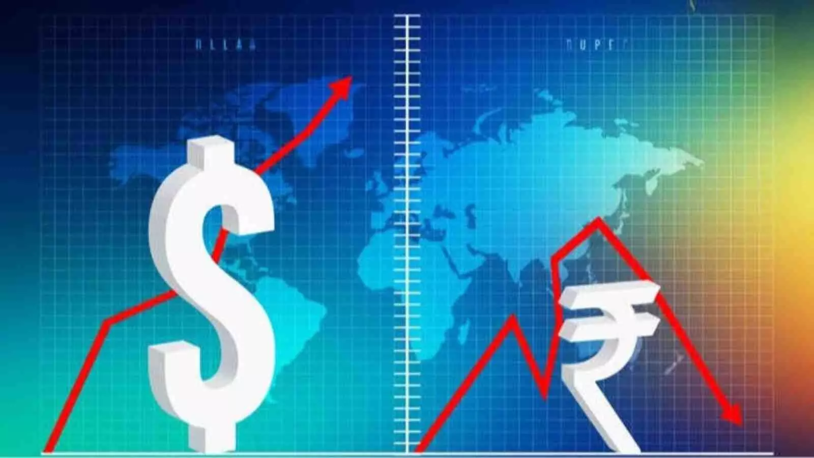 ग्राफ में डॉलर का चिह्न ऊपर जाते हुए और भारतीय रुपये का चिह्न नीचे गिरते हुए दिखाई दे रहा है।
