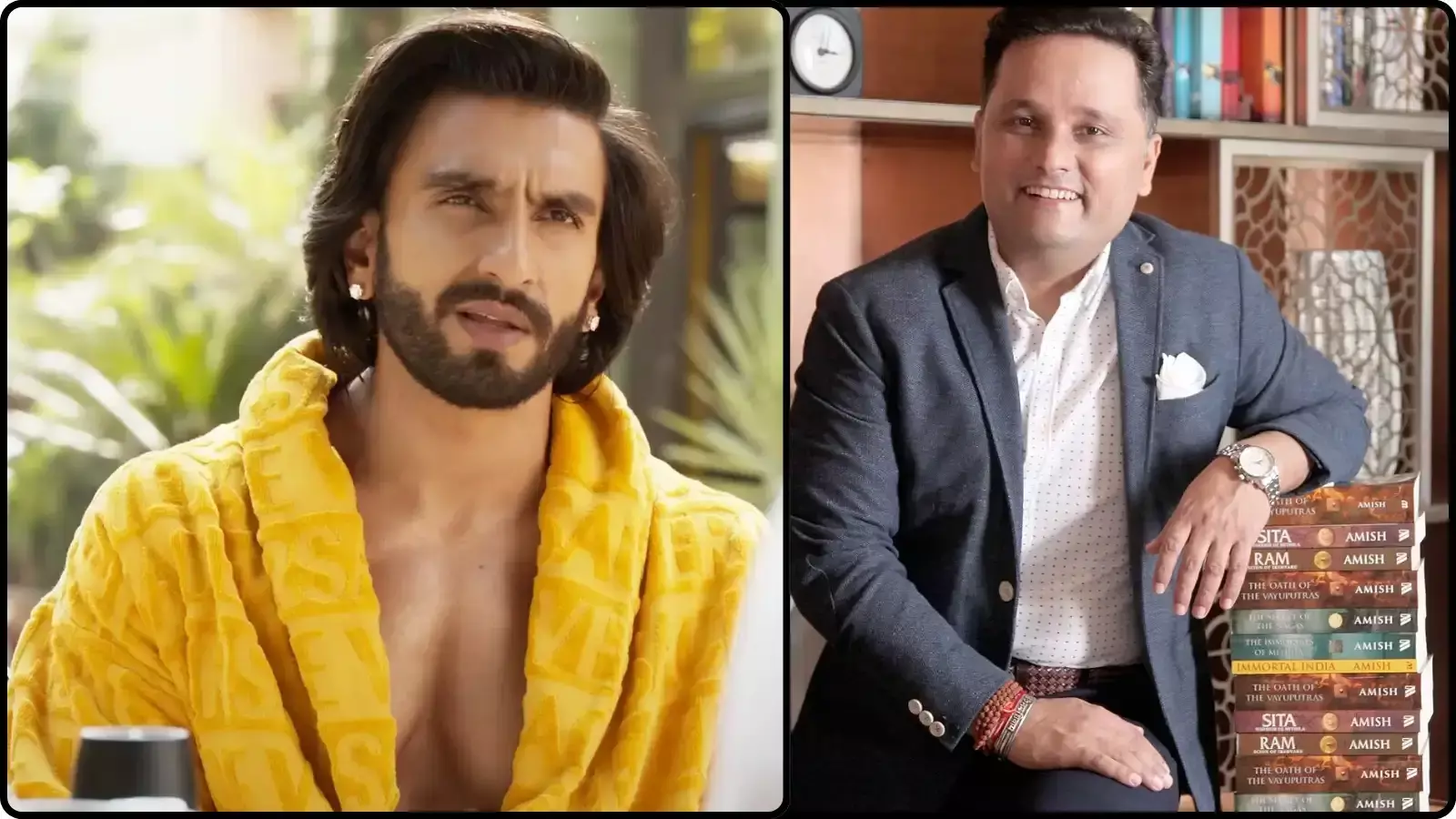 कोलाज फोटो में रणवीर सिंह और अमीश त्रिपाठी अपनी पुस्तकों के साथ फिल्म विवाद के संदर्भ में।