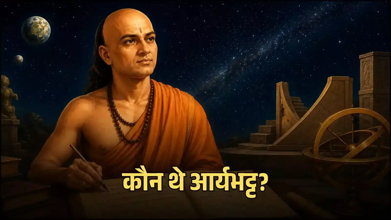 नालंदा विश्वविद्यालय में शोध करते हुए प्राचीन भारतीय वैज्ञानिक आर्यभट्ट का एक प्रतीकात्मक चित्रण। नालंदा विश्वविद्यालय में शोध करते हुए प्राचीन भारतीय वैज्ञानिक आर्यभट्ट का एक प्रतीकात्मक चित्रण।