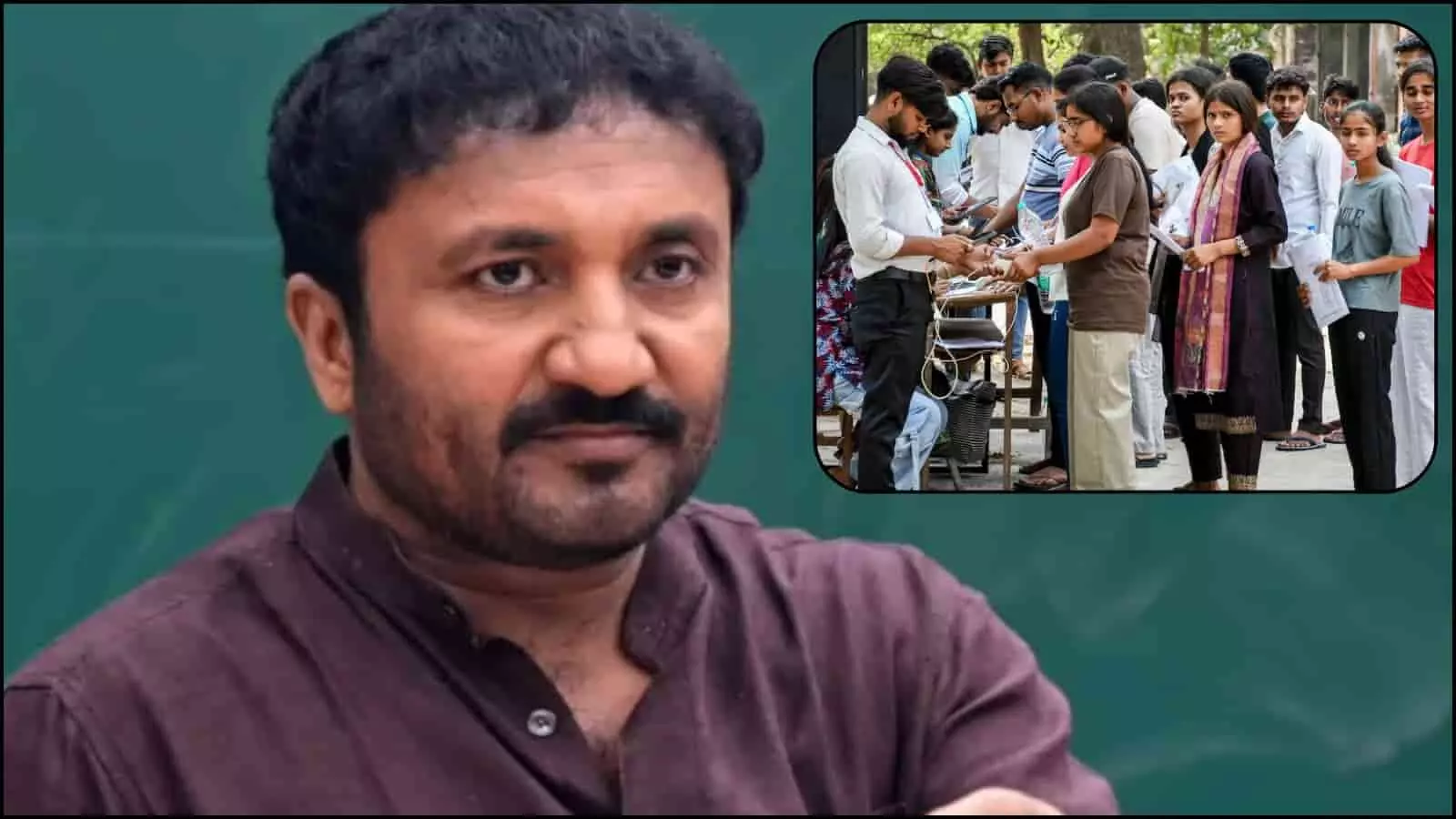 ग्रीन बोर्ड के सामने खड़े आनंद कुमार और परीक्षा केंद्र के बाहर खड़े छात्र नीट पेपर लीक विवाद के संदर्भ में। ग्रीन बोर्ड के सामने खड़े आनंद कुमार और परीक्षा केंद्र के बाहर खड़े छात्र नीट पेपर लीक विवाद के संदर्भ में।
