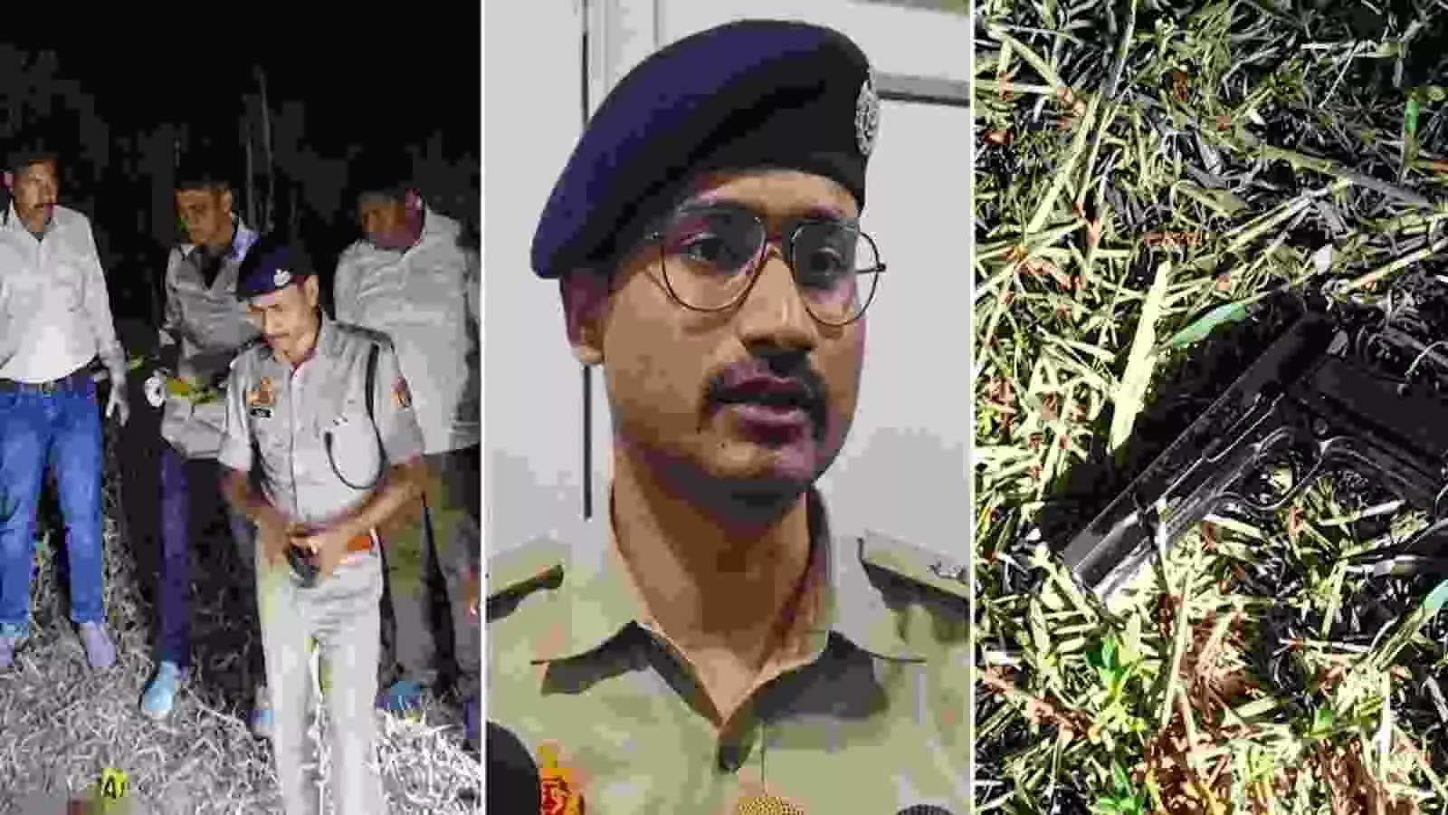 पुलिस अधिकारी प्रेस कॉन्फ्रेंस करते हुए और मेज पर रखा हुआ हथियार और कारतूस का साक्ष्य दृश्य पुलिस अधिकारी प्रेस कॉन्फ्रेंस करते हुए और मेज पर रखा हुआ हथियार और कारतूस का साक्ष्य दृश्य