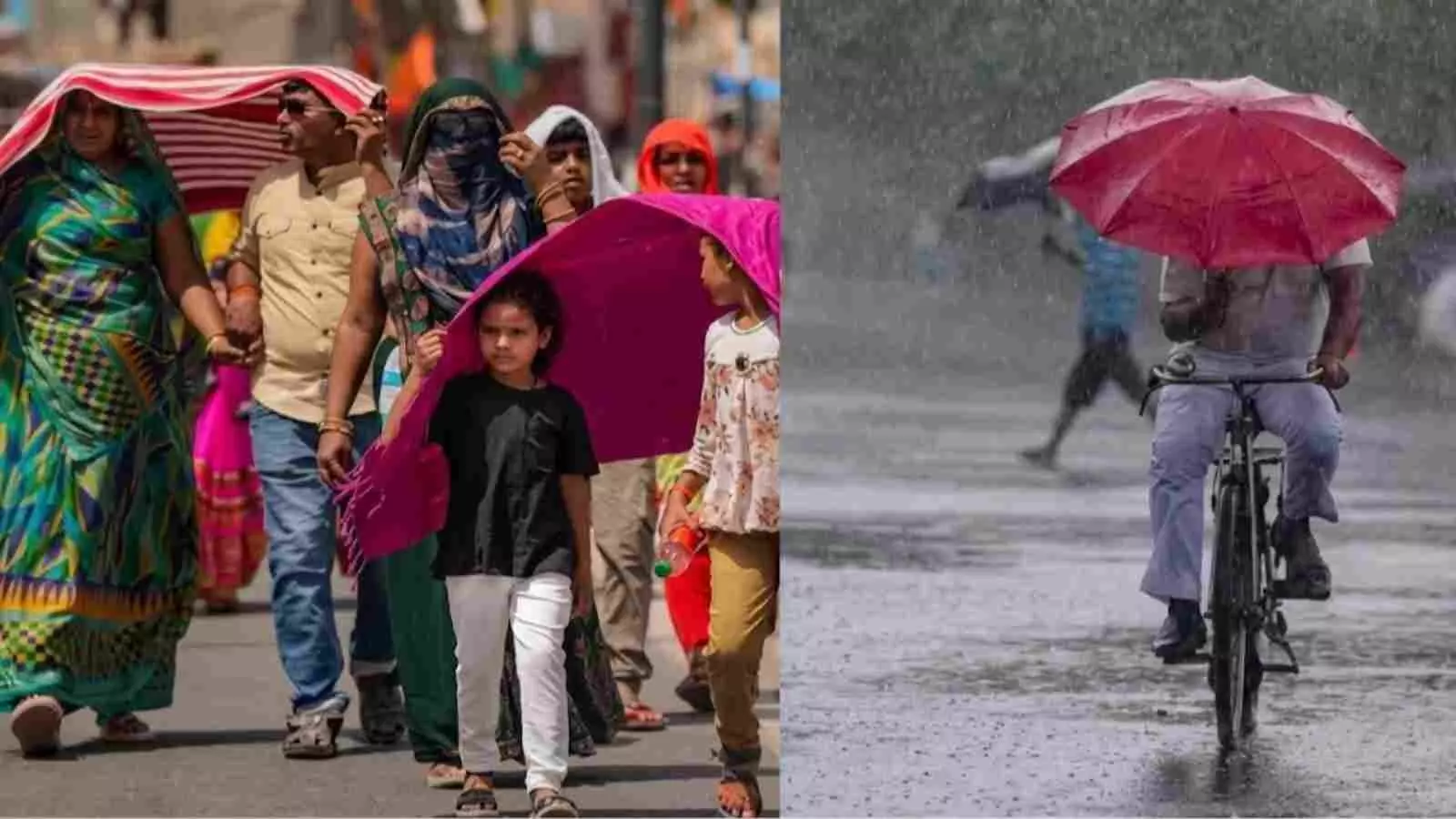 धूप से बचने के लिए सिर ढके लोग और बारिश में छाता लेकर साइकिल चलाता व्यक्ति। धूप से बचने के लिए सिर ढके लोग और बारिश में छाता लेकर साइकिल चलाता व्यक्ति।