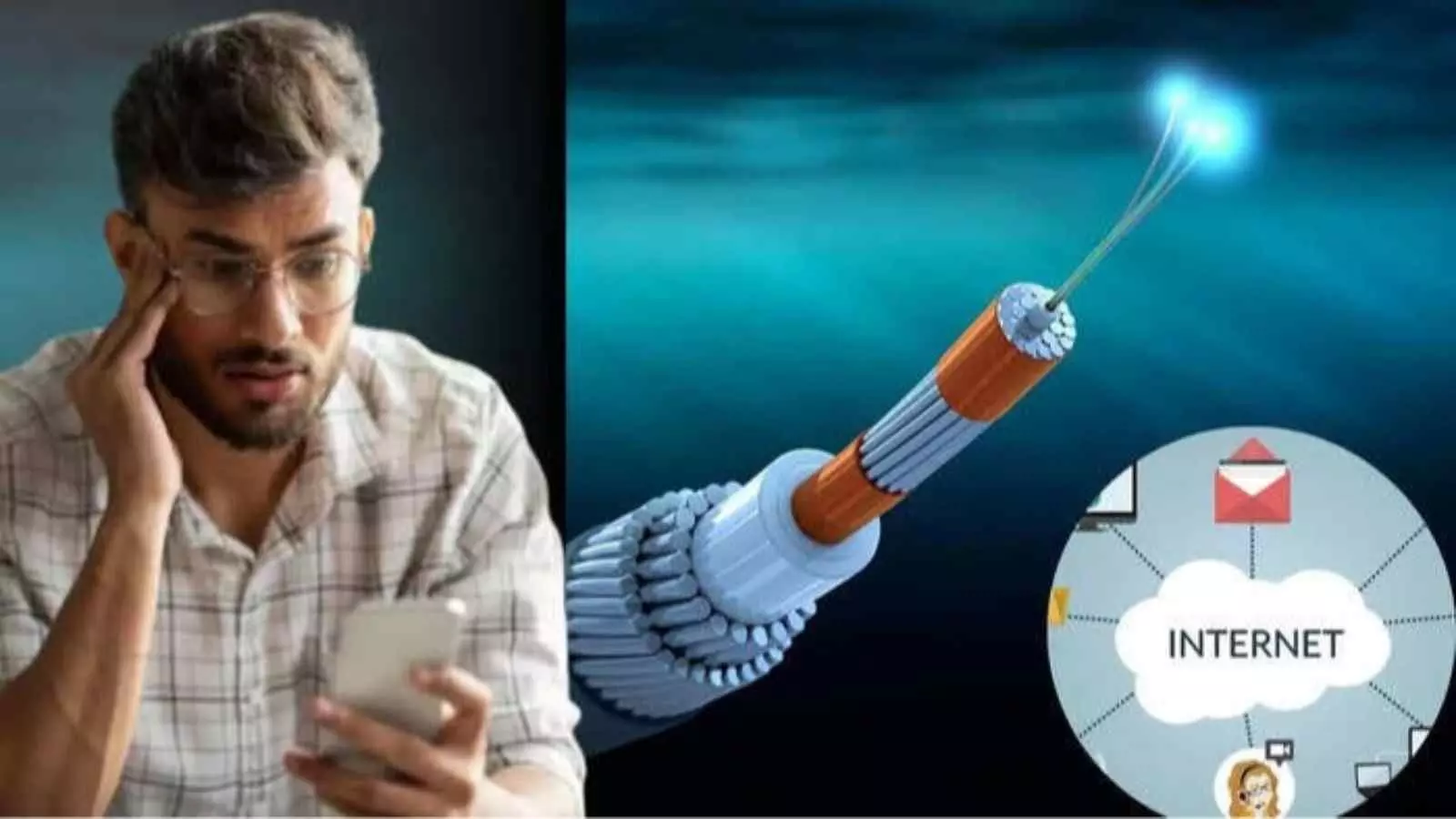 समुद्र की गहराई में केबल के माध्यम से जुड़ा इंटरनेट का वैश्विक संचार नेटवर्क। समुद्र की गहराई में केबल के माध्यम से जुड़ा इंटरनेट का वैश्विक संचार नेटवर्क।