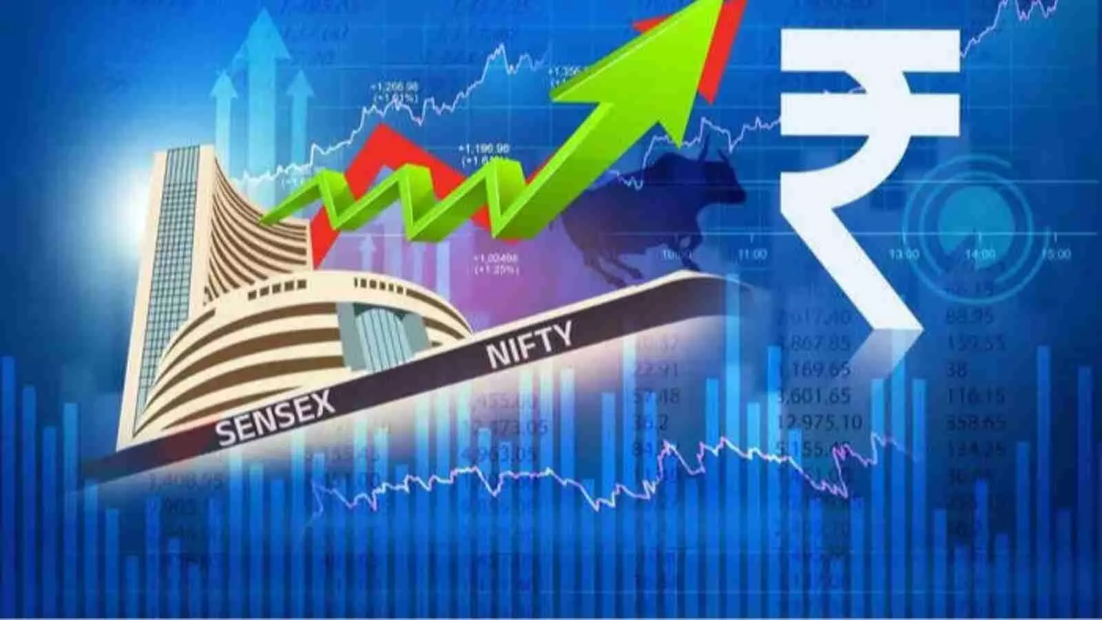 ग्राफिक्स में ऊपर की ओर जाता हरा तीर और बीएसई सेंसेक्स निफ्टी के साथ भारतीय रुपये का चिन्ह। ग्राफिक्स में ऊपर की ओर जाता हरा तीर और बीएसई सेंसेक्स निफ्टी के साथ भारतीय रुपये का चिन्ह।