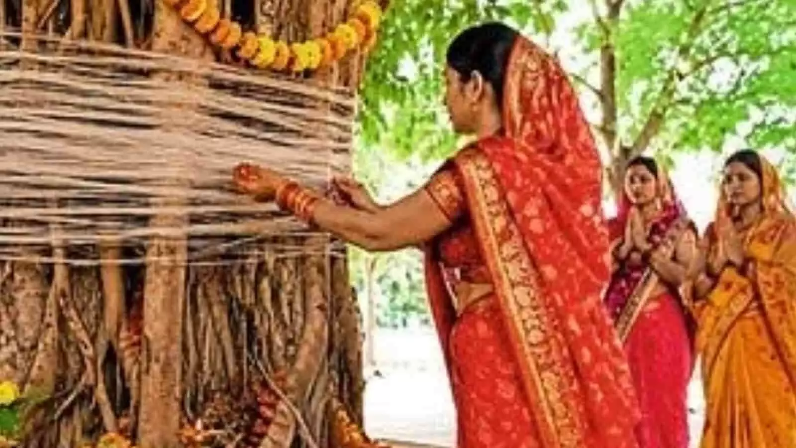 लाल साड़ी पहने महिला बरगद के पेड़ पर सूत लपेटकर पूजा कर रही है। लाल साड़ी पहने महिला बरगद के पेड़ पर सूत लपेटकर पूजा कर रही है।