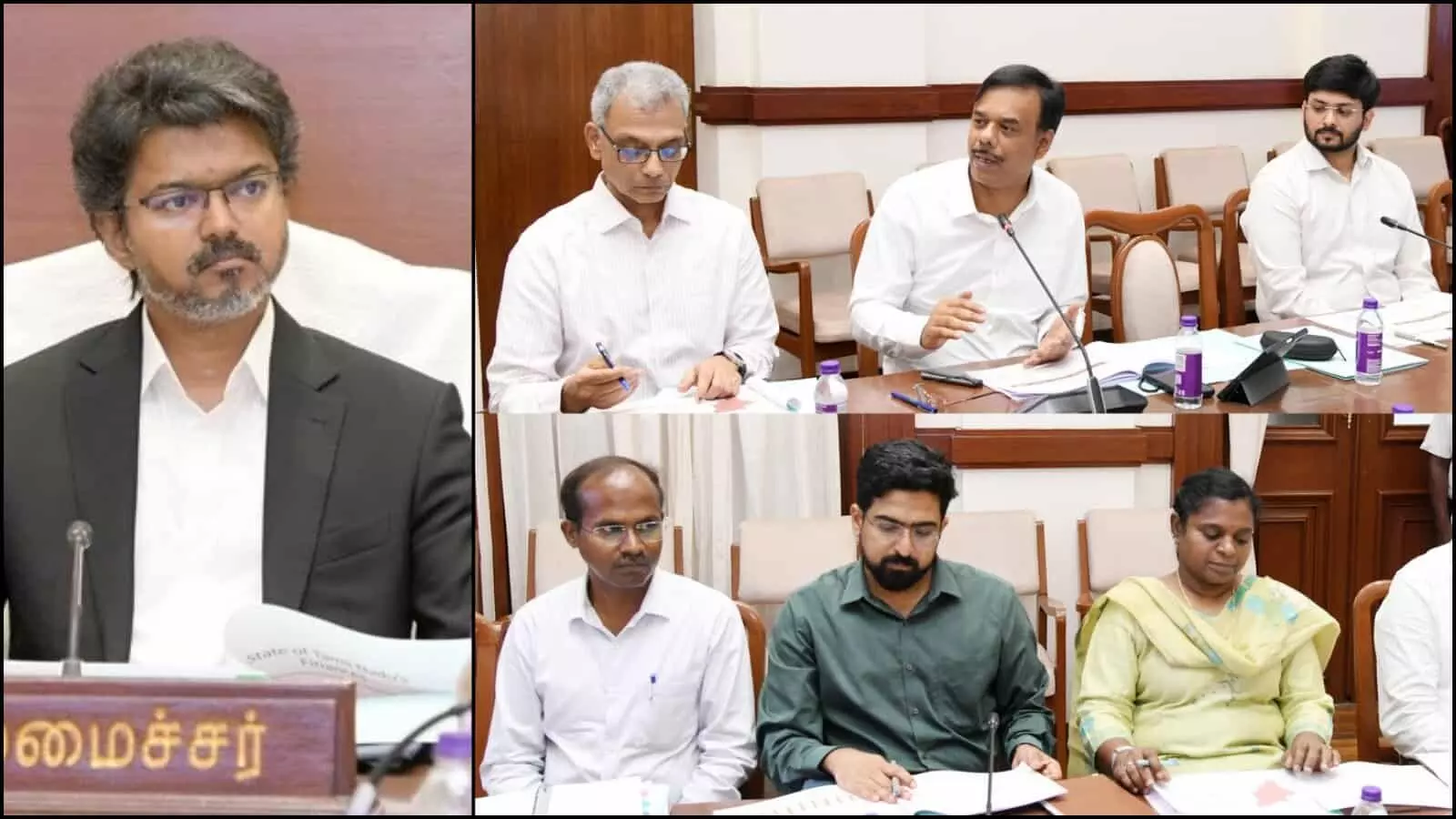 सचिवालय में मेज पर बैठे मुख्यमंत्री विजय और अधिकारी तमिलनाडु की आर्थिक स्थिति पर चर्चा कर रहे हैं। सचिवालय में मेज पर बैठे मुख्यमंत्री विजय और अधिकारी तमिलनाडु की आर्थिक स्थिति पर चर्चा कर रहे हैं।
