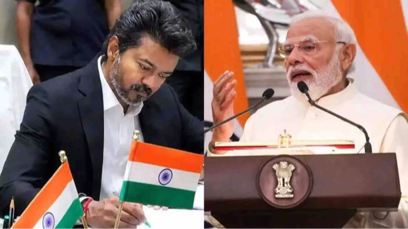 एक मेज पर कागज के साथ मुख्यमंत्री विजय और पोडियम पर भाषण देते प्रधानमंत्री मोदी। एक मेज पर कागज के साथ मुख्यमंत्री विजय और पोडियम पर भाषण देते प्रधानमंत्री मोदी।