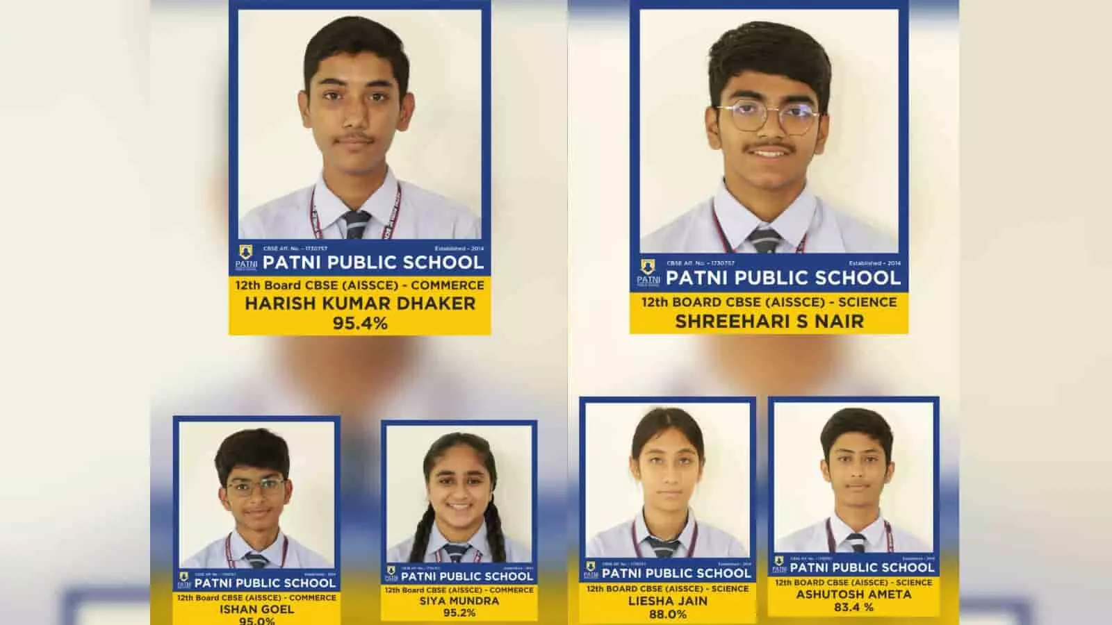 पाटनी पब्लिक स्कूल के 12वीं कक्षा के मेधावी छात्र निम्बाहेड़ा में बोर्ड परीक्षा परिणाम के पोस्टर में दिख रहे हैं। पाटनी पब्लिक स्कूल के 12वीं कक्षा के मेधावी छात्र निम्बाहेड़ा में बोर्ड परीक्षा परिणाम के पोस्टर में दिख रहे हैं।